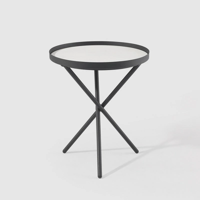 Modern Minimalist Intersecting Tripod Leg Side Table Black/Faux White Marble - Saracina Home 2 Modern Minimalist Intersecting Tripod Leg Side Table Black/Faux White Marble - Saracina Home - Image 2