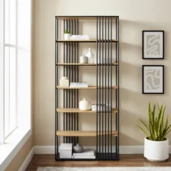 79" Modern 6 Shelf With Metal Bar Bookcase Coastal Oak/Black - Saracina Home 11 79" Modern 6 Shelf With Metal Bar Bookcase Coastal Oak/Black - Saracina Home -Saracina Home Shop GUEST 03b6b14d 2b21 499f 860f 2782f5320208