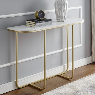 Megan Modern Glam Curved Console Table Faux White Marble/Gold - Saracina Home 1 Megan Modern Glam Curved Console Table Faux White Marble/Gold - Saracina Home