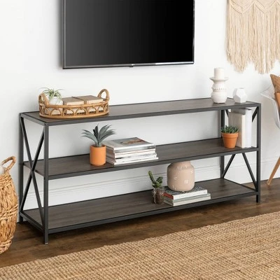 Modern Industrial X Frame Metal And Wood Media Bookshelf - Saracina Home 1 Modern Industrial X Frame Metal And Wood Media Bookshelf - Saracina Home