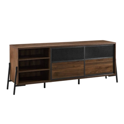 Modern Industrial Metal Mesh Sliding Door TV Stand For TVs Up To 80" Dark Walnut - Saracina Home 3 Modern Industrial Metal Mesh Sliding Door TV Stand For TVs Up To 80" Dark Walnut - Saracina Home - Image 3