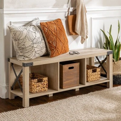 Sophie Rustic Industrial X Frame Entry Bench With 3 Cubbies - Saracina Home 1 Sophie Rustic Industrial X Frame Entry Bench With 3 Cubbies - Saracina Home