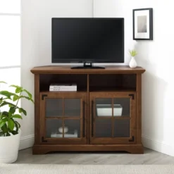 Avalene Rustic Farmhouse Corner TV Stand For TVs Up To 50" Natural Walnut - Saracina Home -Saracina Home Shop GUEST 24a430f9 4680 4615 b716 7377396a0a55