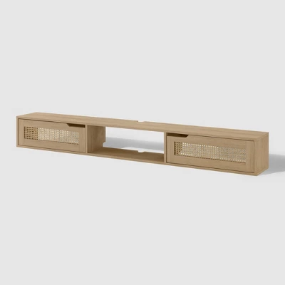 Modern Boho Floating TV Stand For TVs Up To 80" With Rattan Doors Coastal Oak - Saracina Home 6 Modern Boho Floating TV Stand For TVs Up To 80" With Rattan Doors Coastal Oak - Saracina Home - Image 6