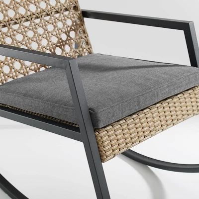 Komodo Modern Boho Faux Rattan & Metal Outdoor Rocking Chair With Cushion - Brown/Gray - Saracina Home 4 Komodo Modern Boho Faux Rattan & Metal Outdoor Rocking Chair With Cushion - Brown/Gray - Saracina Home - Image 4