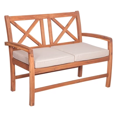 Acacia Wood X-Back Love Seat With Cushions Brown - Saracina Home 1 Acacia Wood X-Back Love Seat With Cushions Brown - Saracina Home