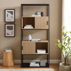 75" Modern Reeded Door Storage Bookshelf Coastal Oak/Black - Saracina Home -Saracina Home Shop GUEST 5ca6ae9b f1ce 40c2 b0c7 96e39e5250ee