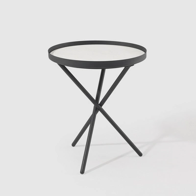Modern Minimalist Intersecting Tripod Leg Side Table Black/Faux White Marble - Saracina Home 5 Modern Minimalist Intersecting Tripod Leg Side Table Black/Faux White Marble - Saracina Home - Image 5
