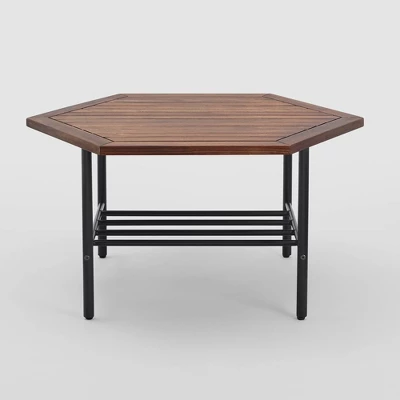 Saybrook Modern Metal And Wood Patio Hexagon Coffee Table - Dark Brown - Saracina Home 3 Saybrook Modern Metal And Wood Patio Hexagon Coffee Table - Dark Brown - Saracina Home - Image 3