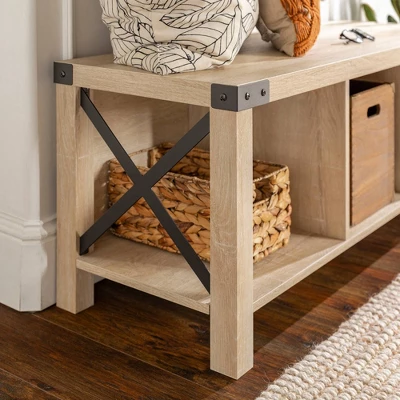 Sophie Rustic Industrial X Frame Entry Bench With 3 Cubbies - Saracina Home 10 Sophie Rustic Industrial X Frame Entry Bench With 3 Cubbies - Saracina Home - Image 10