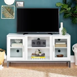 Pierceton Modern Double Glass Door With Metal Legs TV Stand For TVs Up To 58" White - Saracina Home 14 Pierceton Modern Double Glass Door With Metal Legs TV Stand For TVs Up To 58" White - Saracina Home -Saracina Home Shop GUEST 929be342 b4dd 40d9 ac7e 102860112a8d