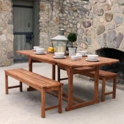 Ravenscroft 3pc Modern Boho Acacia Wood Slat Top Outdoor Dining Set - Saracina Home