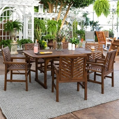 7pc Slatted Extendable Acacia Wood Patio Dining Set - Saracina Home 4 7pc Slatted Extendable Acacia Wood Patio Dining Set - Saracina Home - Image 4