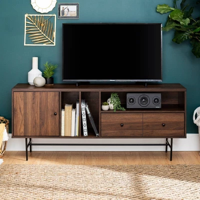 Modern Vinyl Record Player Storage TV Stand For TVs Up To 65" Dark Walnut - Saracina Home 2 Modern Vinyl Record Player Storage TV Stand For TVs Up To 65" Dark Walnut - Saracina Home - Image 2