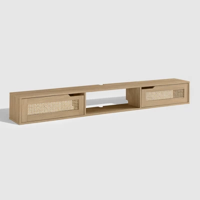 Modern Boho Floating TV Stand For TVs Up To 80" With Rattan Doors Coastal Oak - Saracina Home 2 Modern Boho Floating TV Stand For TVs Up To 80" With Rattan Doors Coastal Oak - Saracina Home - Image 2