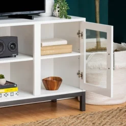 Pierceton Modern Double Glass Door With Metal Legs TV Stand For TVs Up To 58" White - Saracina Home 12 Pierceton Modern Double Glass Door With Metal Legs TV Stand For TVs Up To 58" White - Saracina Home -Saracina Home Shop GUEST cd8100c3 ed88 450c a14a ba50adbd04eb