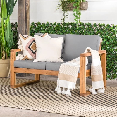 Galia Square Leg Acacia Wood Patio Loveseat With Cushions - Brown - Saracina Home 1 Galia Square Leg Acacia Wood Patio Loveseat With Cushions - Brown - Saracina Home