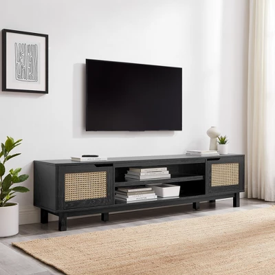 Modern Boho Storage TV Stand For TVs Up To 80" With Rattan Doors - Saracina Home 1 Modern Boho Storage TV Stand For TVs Up To 80" With Rattan Doors - Saracina Home