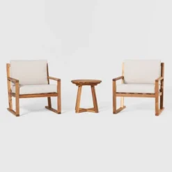 Saracina Home 3pc Modern Slat-Back Acacia Outdoor Conversation Set With Cushions -Saracina Home Shop GUEST e228f191 c7e4 49f0 8884 eecb92073a20