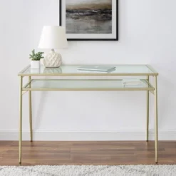 Modern 2 Tier Glass Top Writing Desk With Metal Legs Gold - Saracina Home 6 Modern 2 Tier Glass Top Writing Desk With Metal Legs Gold - Saracina Home -Saracina Home Shop GUEST f29dbca3 f72a 47f1 b485 067966ea3eef