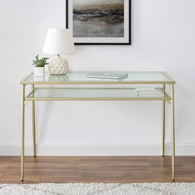 Modern 2 Tier Glass Top Writing Desk With Metal Legs Gold - Saracina Home 3 Modern 2 Tier Glass Top Writing Desk With Metal Legs Gold - Saracina Home - Image 3